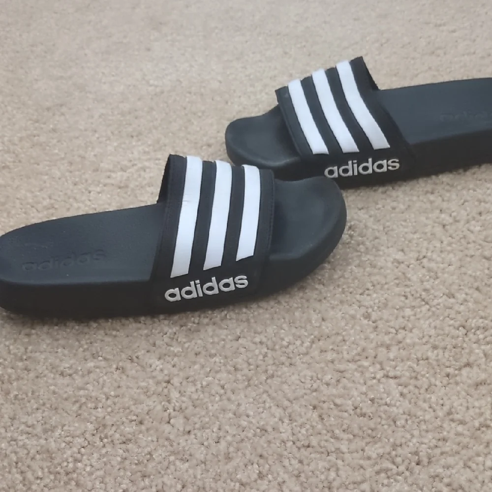 Adidas Black and White Striped Slides